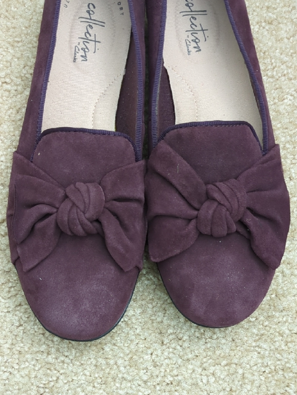 Clarks Plum Suede Knot Bow Loafers - Picture 3 of 8